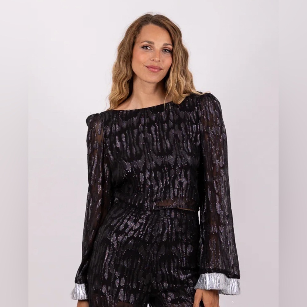 SUNDRESS Black Silver Tinsel Holiday Edo Crop Top NWT XS/S #2348